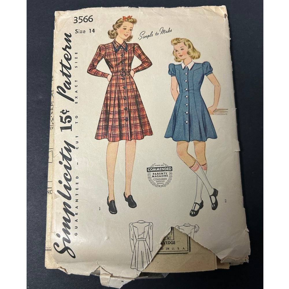 Vintage 40s-50s Simplicity 3566 Sewing‎ Pattern Girls Size 14 Dress HTF